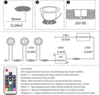 LED Outdoor Deck Lights with Photocell, Φ1.77in RGB 10 Pack Black, Low Voltage 12V IP67 Waterproof, Multi Color Changing Remote Dimmable, Electric Wired Recessed Stair Step Landscape Lighting