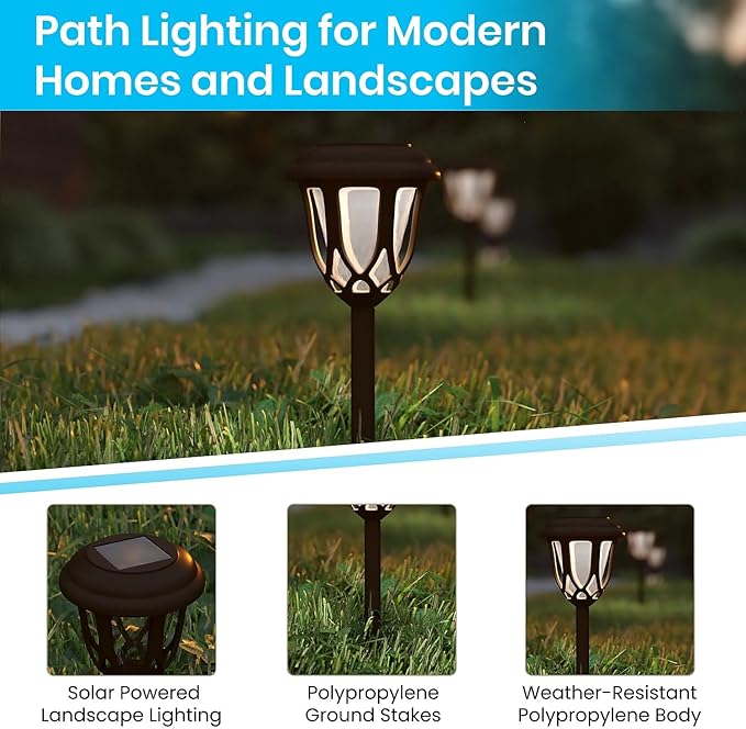 Flash Furniture Hess 8 Pack LED Solar Lights - All-Weather Brown Tulip Style Outdoor Solar Powered Lights - Landscape Lighting for Pathway, Garden, & Yard, 3.37x3.37x14, Brown