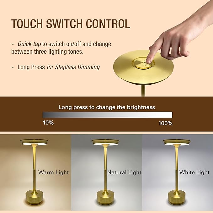 Cordless Table Lamps Rechargeable, Portable Battery Operated Lamp, 3 Color Stepless Dimming LED Table Light with Memory Function, for Outdoor/Dinner/Patio/Restaurant (Gold)