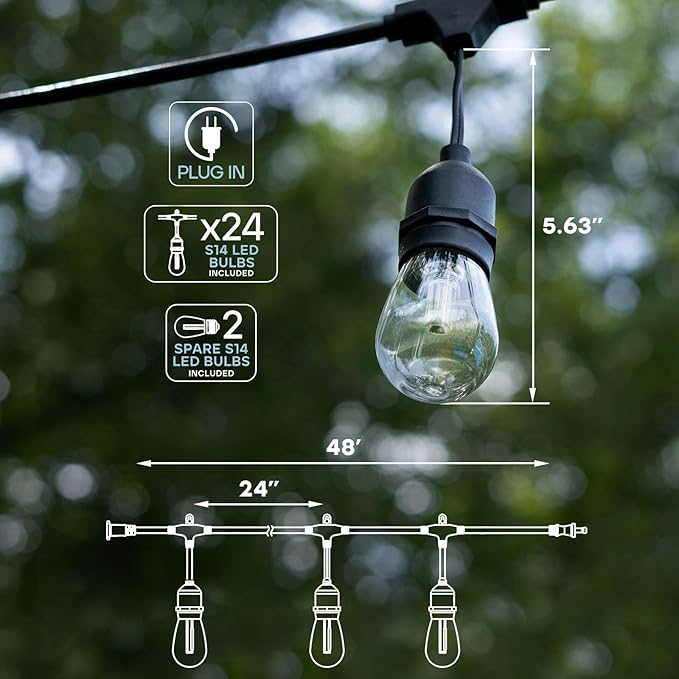 LUXRITE 48FT LED RGBW Outdoor String Lights, Remote Control Color Changing Cafe Lights, Commercial Grade | Lumora