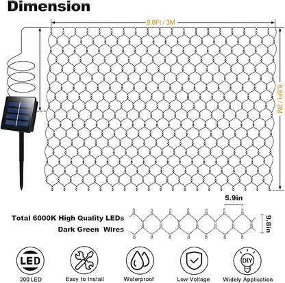 echosari Solar Powered Net Lights, 200 LED 9.8Ft x 6.6Ft Christmas Bush net Lights Dark Green Wire Auto On/Off 8 Modes Net Lights Outdoor Mesh Lights for Bushes Shrubs Lawn Decoration (Cool White)