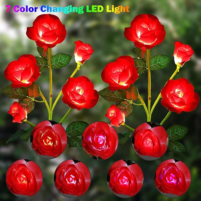 ANGMLN 2 Pack Solar Garden Lights Valentine's Day Decoration, Solar Flower Lights Outdoor Waterproof with 10 Head Red Rose 7-Color Changing Landscape Light for Pathway Garden Patio Yard