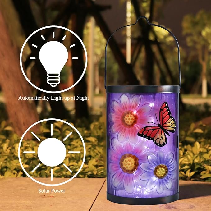 Hanging Solar Lantern Outdoor Waterproof Flowers Butterfly Solar Lights Glass Tabletop Decorative Lamp for Outdoor | Lumora
