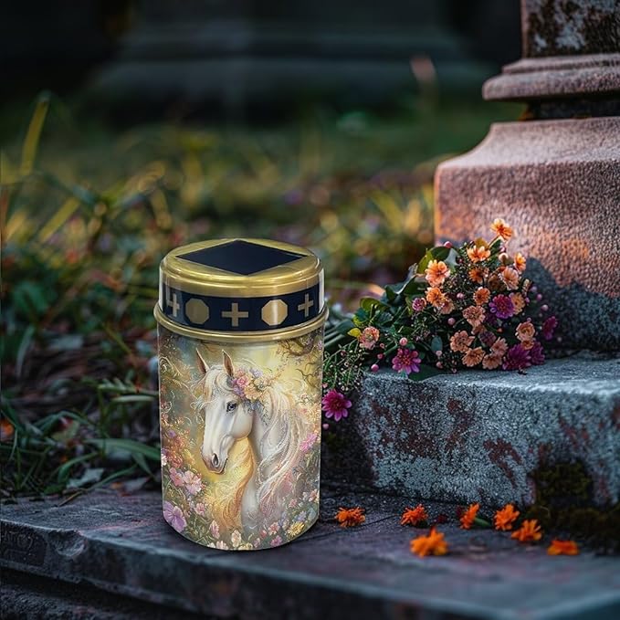 ZOUTAIRONG White Horse Floral Solar Light for Cemetery Grave Outdoor Waterproof Powered Solar Pathway Lights 2 Pack Outdoor Cemetery Lights for Grave