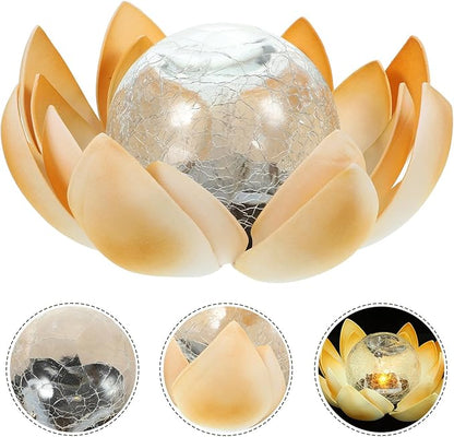 Solar Lawn Light Lotus Shape LED Solar-Powered Garden Path Light Yellow Crackle Glass Waterproof Outdoor Decorative Yard Lamp for Patio and Lawn