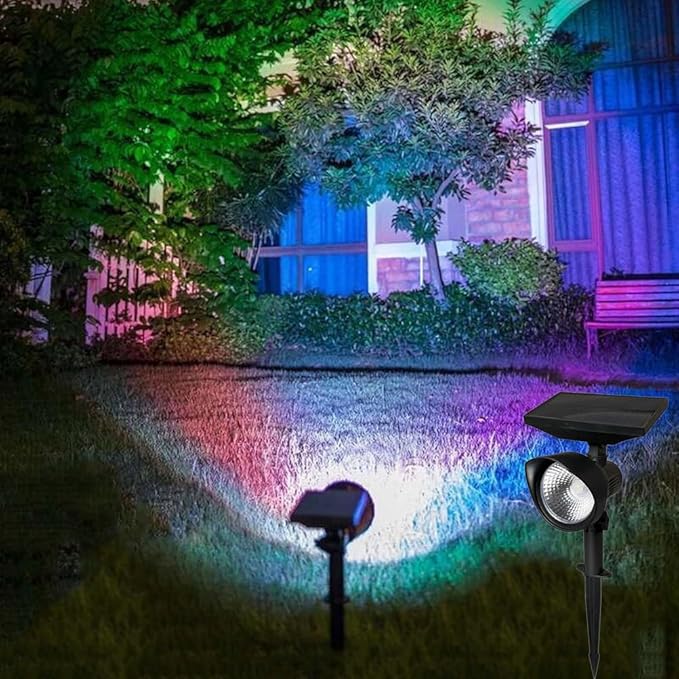 Colorful Rotation,Solar Warm White Spot Lights Outdoor 2PK, Solar Powered LED 2800K Landscape Lighting Low Voltage IP65 Waterproof Auto On/Off Spotlights for Outside Garden Yard Landscape