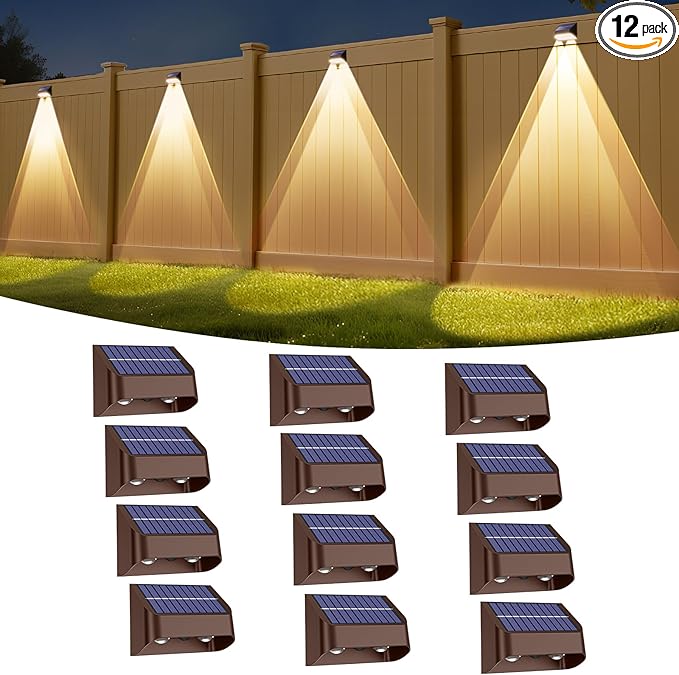 Super Long Lasting Solar Fence Lights Outdoor,Deck Lights Waterproof,Perfect for Winter and Rainy Days,Dusk to Dawn High Brightness Solar Lighting for Wall,Step,Yard,Patio,Backyard(12 Pack,Brown)