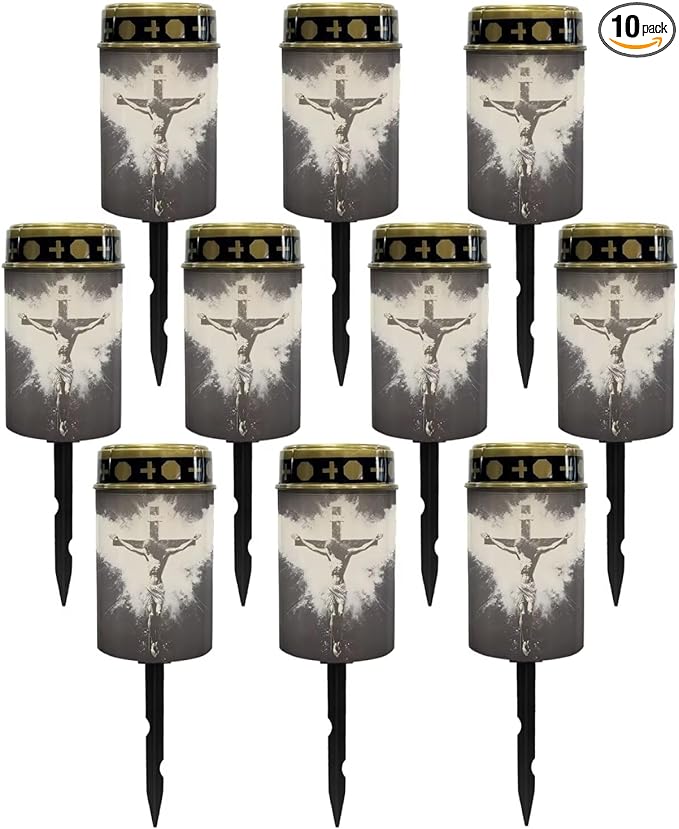 Poceacles Cross Solar Lights Set of 10 Outdoor Waterproof Cemetery Lights Solar Powered Grave Solar Lantern Outdoor Waterproof Walkway Lights for Lawn Garden Pathway, God Cross Black White