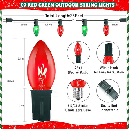 25FT Red and Green Christmas Lights, C9 Waterproof Red Green Outdoor Light with 26 Bulbs (1 Spare), Shatterproof Hanging String Lights for Home Garden Yard Xmas Tree Decorations