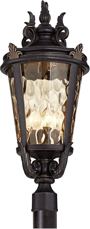 John Timberland Casa Marseille European Outdoor Post Light Fixture Bronze Scroll 28" Hammered Glass for Exterior | Lumora