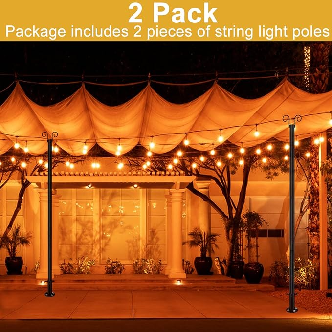 String Light Poles for Outside Deck 2 Pack 8FTHeavy Duty Metal Garden Outdoor Light Poles for Solar String Light | Lumora