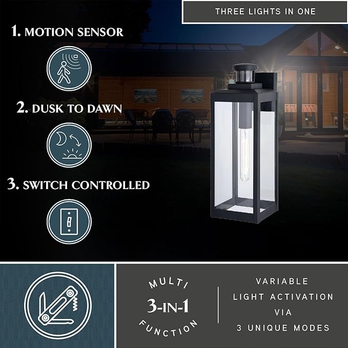 VAXCEL Kinzie Outdoor Porch Light, 6" W x 17.5" H Black Outdoor Lantern, Motion Sensor Wall Light for Porch, Patio | Lumora