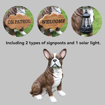 Outdoor Boston Terrier Dog Statue with Interchangeable Welcome Sign and Detachable Solar Lantern –LED Light Garden Dog Sculpture Décor, Cute Puppy Design for Yard, Porch, Gift