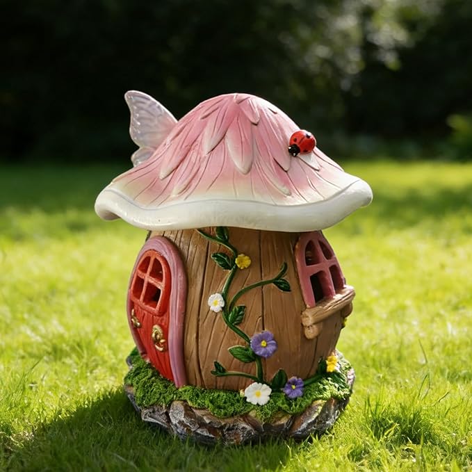 Mushroom Fairy House Garden Statue Outdoor Figurine with Solar Light,Fairy House Garden Decor,Fairy Cottage Ornaments,for Patio Yard Balcony Decoration,Gifts for Mom & Women