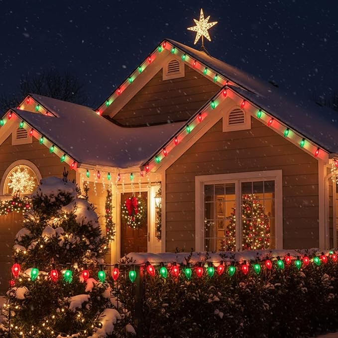 25FT Red and Green Christmas Lights, C9 Waterproof Red Green Outdoor Light with 26 Bulbs (1 Spare), Shatterproof Hanging String Lights for Home Garden Yard Xmas Tree Decorations