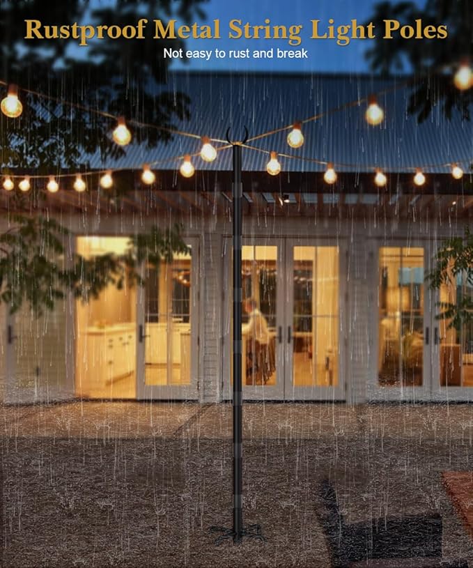 10Ft String Light Poles for Grass & Soil, Outdoor Light Stand with 5-Prong Fork Base, Heavy-Duty Metal Poles for | Lumora
