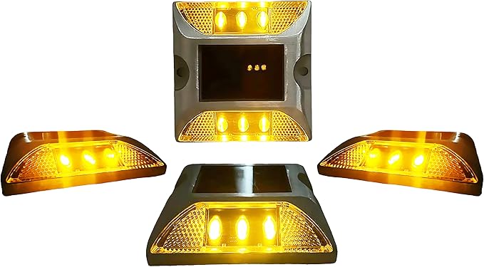 Chandler Solar Driveway Ultra Bright Dock Deck Lights Wireless Solar Powered Waterproof Outdoor Warning Step Lights for Driveway Pathway Metal Ground 6 LED Light 3 Each Side Yellow Color (Pack of 1)