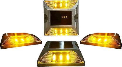 Chandler Solar Driveway Ultra Bright Dock Deck Lights Wireless Solar Powered Waterproof Outdoor Warning Step Lights for Driveway Pathway Metal Ground 6 LED Light 3 Each Side Yellow Color (Pack of 1)