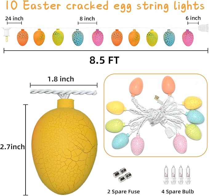 Egg Easter Lights Decorations, 10 Lights 8.5FT Multi Color Lights White Wire Pastel String Lights for Easter | Lumora
