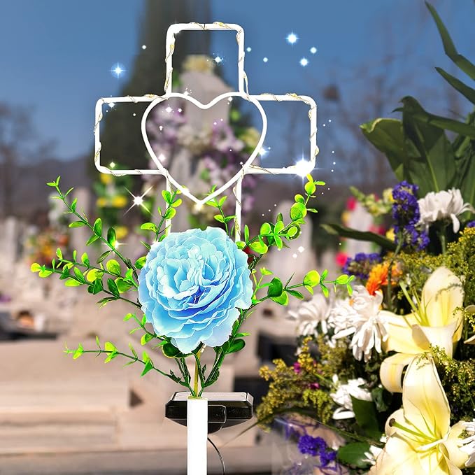16 Inch Solar Cross Garden Stake Lights with 1 Artificial Flower Metal Garden Art for Patio Lawn Garden Decor Solar | Lumora