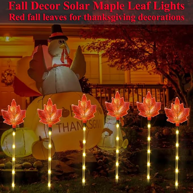 Fall Decor Solar Pathway Lights Outdoor Thanksgiving Decorations, 6 Pack Fall Leaves Solar Thanksgiving Maple Leaf Garden Stake Lights for Outside Patio Yard Wedding Party Autumn Decor