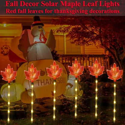 Fall Decor Solar Pathway Lights Outdoor Thanksgiving Decorations, 6 Pack Fall Leaves Solar Thanksgiving Maple Leaf Garden Stake Lights for Outside Patio Yard Wedding Party Autumn Decor