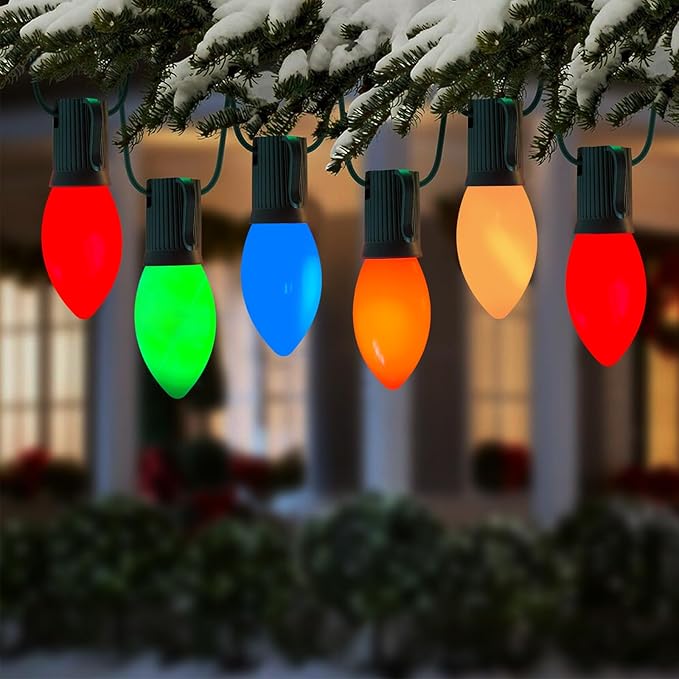 Christmas Lights Outdoor C9 25Ft Vintage Christmas Lights with 25 LED Shatterproof Colored Light Bulbs, Plug in Xmas Tree Light Connectable for Patio Roofline Garden Porch Balcony Party Xmas Decor