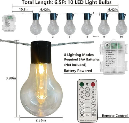 Vintage Christmas Lights Battery Powered 6.5Ft 10 LED Edison Hanging Lights with Remote Timer, Indoor Fairy Lights Shatterproof Outdoor Patio String Lights for Bedroom Garden Camping Christmas Decor