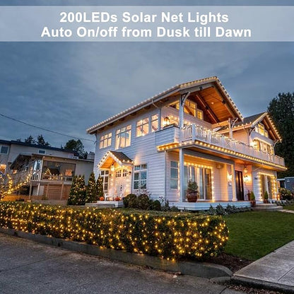Solar LED Net Lights 9.8 x 6.6Ft, 200 LEDs Net Mesh Lights, Solar Outdoor Bush Mesh Light Dark Green Cable with 8 Modes for Trees Bushes Garden Yard Decoration - Warm White