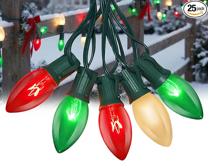 25FT C9 Christmas Lights Outdoor,Red White Green Christmas Lights with 26 Bulbs(1 Spare),C9/ E17 Base,Vintage Colored String Light for Garden, Yard, Party, Xmas Tree Decorations