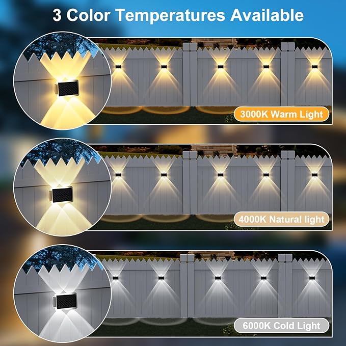 Solar Fence Lights Outdoor, New Up Down Lighting Fence Lights Solar Powered with 3 Modes 3000K/4000K/6000K, IP65 Waterproof Solar Wall Light for Backyard Wall Pathway Deck Patio Decor - 12 Pack