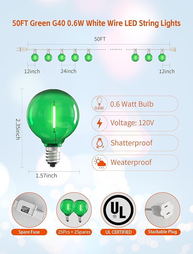 50Ft Outdoor String Lights Green Glow White Wire - Waterproof G40 LED Globe Patio Lights for St. Patrick's Day, Christmas, Garden Fence - 25 Shatterproof Bulbs, Connectable