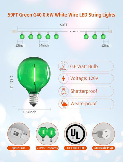 50Ft Outdoor String Lights Green Glow White Wire - Waterproof G40 LED Globe Patio Lights for St. Patrick's Day, Christmas, Garden Fence - 25 Shatterproof Bulbs, Connectable