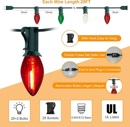 Abeja 25Ft C7 Christmas Multicolor String Lights with 27 Red Green & Frosted White Edison Bulbs, Hanging Vintage Christmas Light Outdoor Waterproof for Party Garden Wedding Bistro Roofline Decor