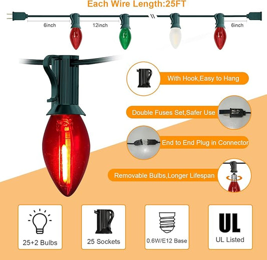 Abeja 25Ft C7 Christmas Multicolor String Lights with 27 Red Green & Frosted White Edison Bulbs, Hanging Vintage Christmas Light Outdoor Waterproof for Party Garden Wedding Bistro Roofline Decor