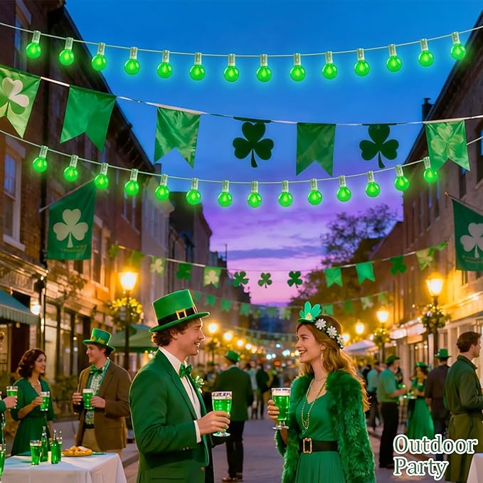 20FT St Patrick's Day Garland Lights, Plug in Outdoor Green Global String Lights and Tinsel Shamrock Garland Set, Parallel Connectable for Home Garden Irish Saint Patrick Party Decorations
