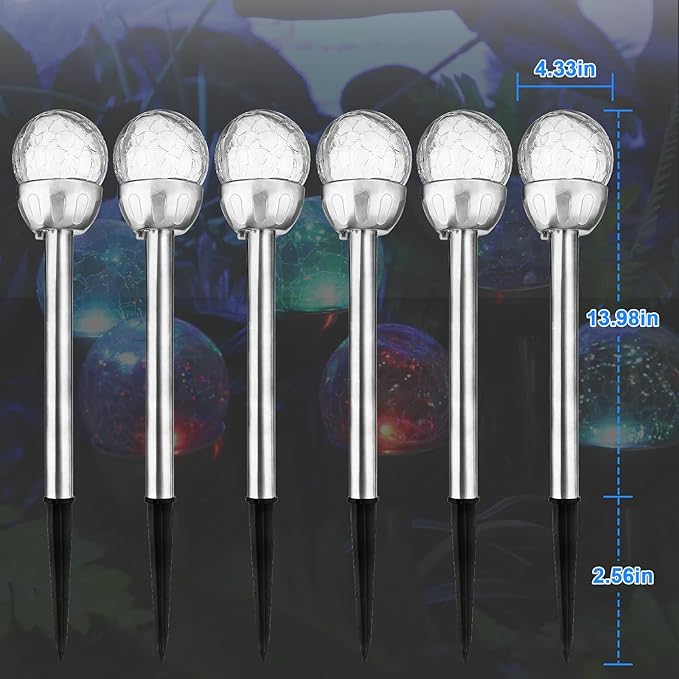 Honoson 6 Pieces Crackle Glass Solar Lights LED Color Changing Outdoor Lawn Lights for Garden Decor Patio Pathway Lawn Yard Landscape