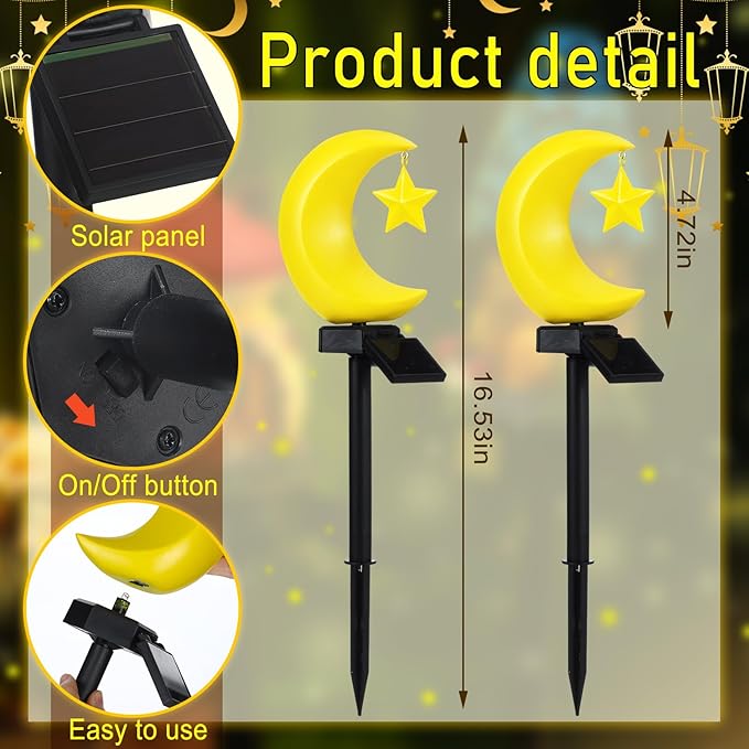 2 Pack Solar Eid Mubarak Lights Decorations Outdoor Ramadan Lights Moon Star Stakes Solar Light Eid Mubarak Decorations Ramadan Lantern Waterproof for Pathway Garden Patio Lawn Yard Walkway Decor