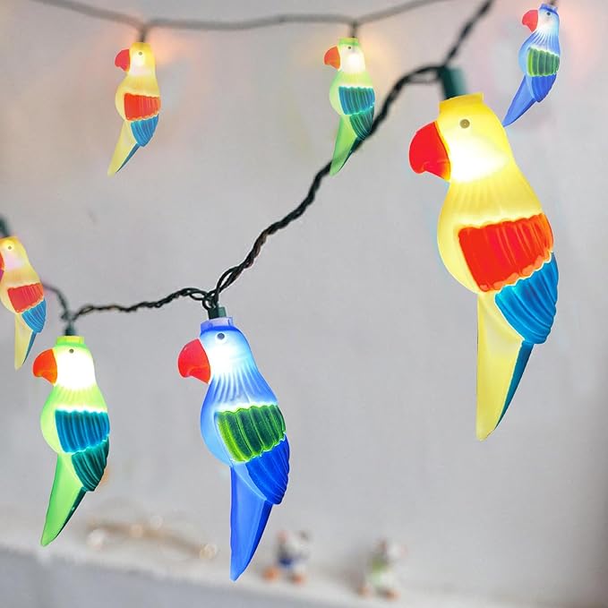Outdoor Parrot String Lights, 8.5Ft Tropical Themed LED Patio String Lights with 10 Multicolor Birds Lights, Hanging Novelty Garden Lights for Outdoor Patio Deck Backyard Trees Stair Rails Decoration