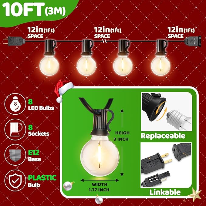 10FT LED Outdoor String Lights - Waterproof Patio Lights Shatterproof G40 Edison Globe Bulb, Connectable Hanging | Lumora