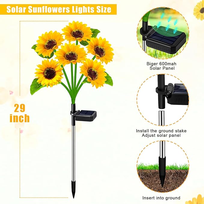 Solar Outdoor Lights Garden Decor, 3 Pack Solar Sunflower Lights, 18 Waterproof Garden Decor Flower for Outside Yard Patio,Flower Bed, Pathway, Gift for Women, Mom, Grandma