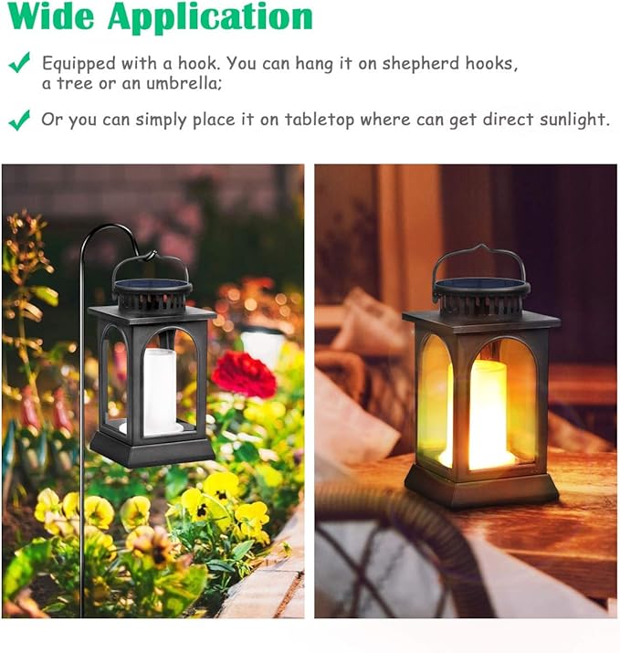 TomCare Solar Lights Flickering Flame Upgraded Metal Solar Lantern Outdoor Hanging Decorative Lanterns Heavy Duty Solar Powered Waterproof Outdoor Lighting for Patio Garden Deck Yard, 2 Pack (Black)
