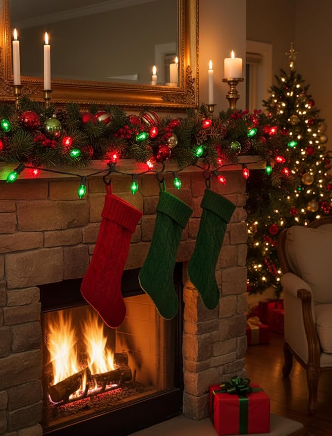 C7 Red Green Christmas Lights Outdoor, 25Ft Vintage Christmas String Lights with 27 Clear Red Green Ceramic Bulbs, Waterproof Connectable Christmas Decorations for House, Xmas Tree, Garden, Yard
