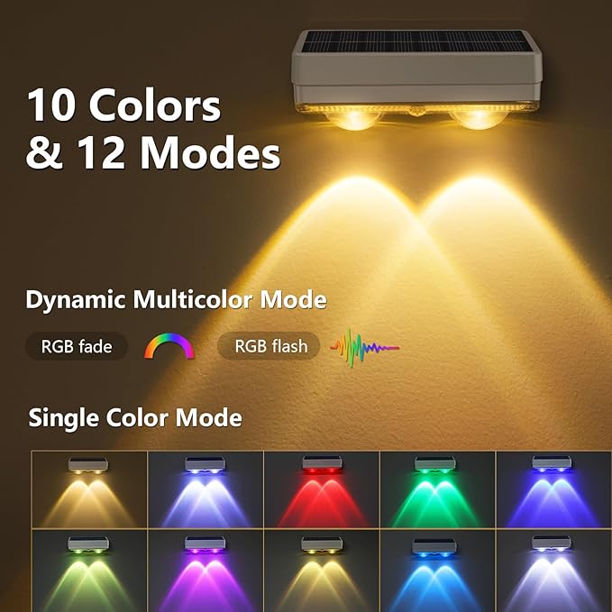 VOLISUN Solar Fence Lights 16 Pack, Warm White, Cool White and RGB Color Glow LED Lamp, IP65 Waterproof Fence Solar Lights Outdoor for Patio, Backyard, Railing, Deck and Wall（White）