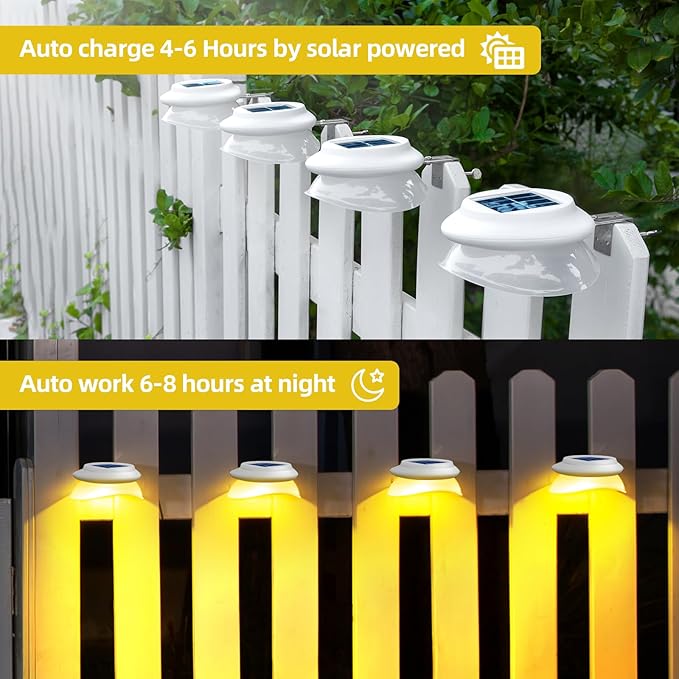 ROSHWEY Outdoor Fence Lights 6 Pack Solar Gutter Lights with 9 LED Waterproof for Wall Eaves Deck Railing Garden Landscape Yard (Warm White)