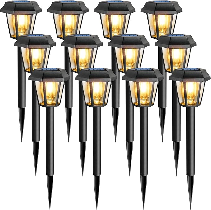 Solar Lights Outdoor 12 Pack Pathway Lights Waterproof with 3000K Vintage Tungsten Filament Light Bulbs for Yard Garden Walkway Driveway Landscape Path