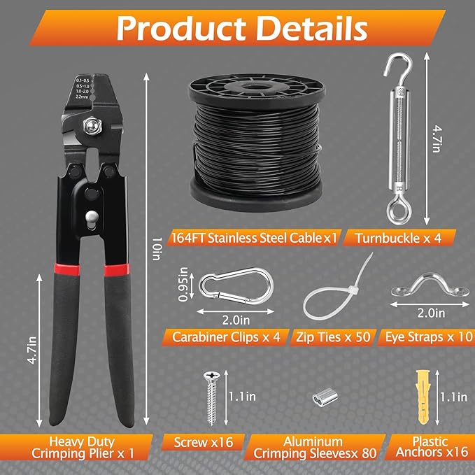String Light Hanging Kit, 164 FT Vinyl-Coated 304 Stainless Steel Cable, Heavy Duty Crimping Plier, Guide Wire for | Lumora
