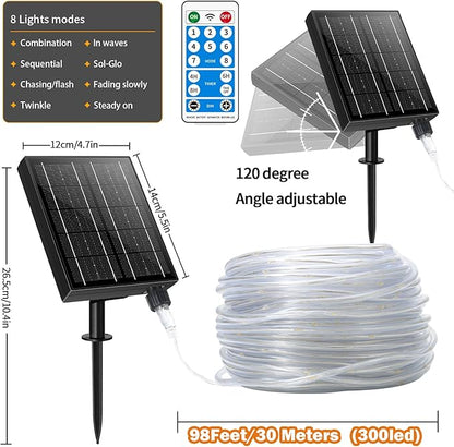 98FT Waterproof 300LEDs Solar Rope Lights, Type C Charging, Remote-Controlled, for Outdoor Pathway Pool Patio Party Garden Yard Palm Tree Holidays (Brighter - Warm White)