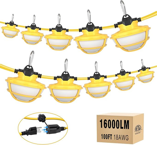 100FT LED Construction String Lights - 3 Prong, 130W 16000LM Plug in Linkable String Work Lights, 5000K | Lumora
