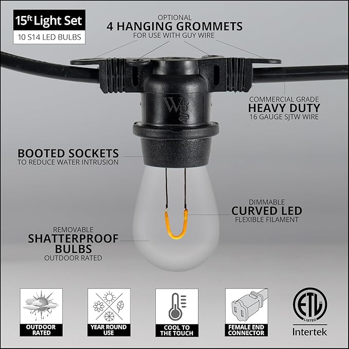 15' FlexFilament LED S14 Edison Bulb Shatterproof Commercial Outdoor Patio Lights, 10 Lights, 18" Spacing | Lumora